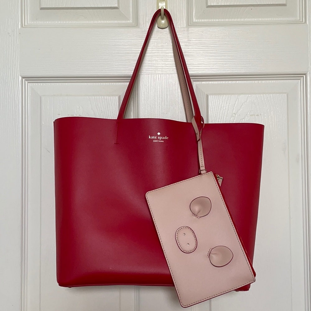Kate Spade red tote with soft pink pig pouch.